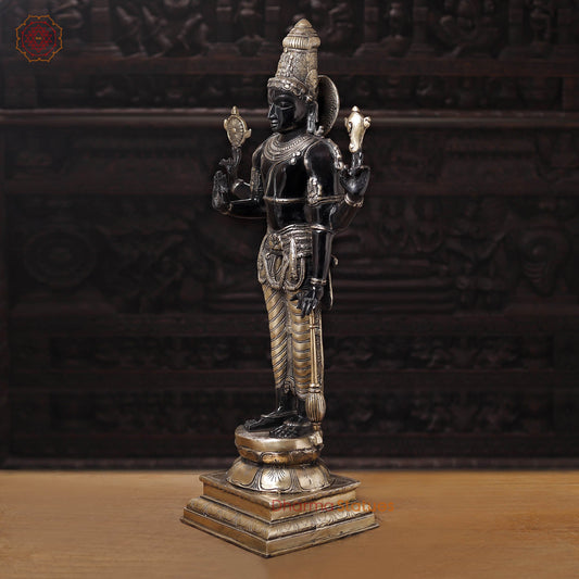 Brass Vishnu Idol, Divine Craftsmanship, Black Patina with Gold Finish, 37"