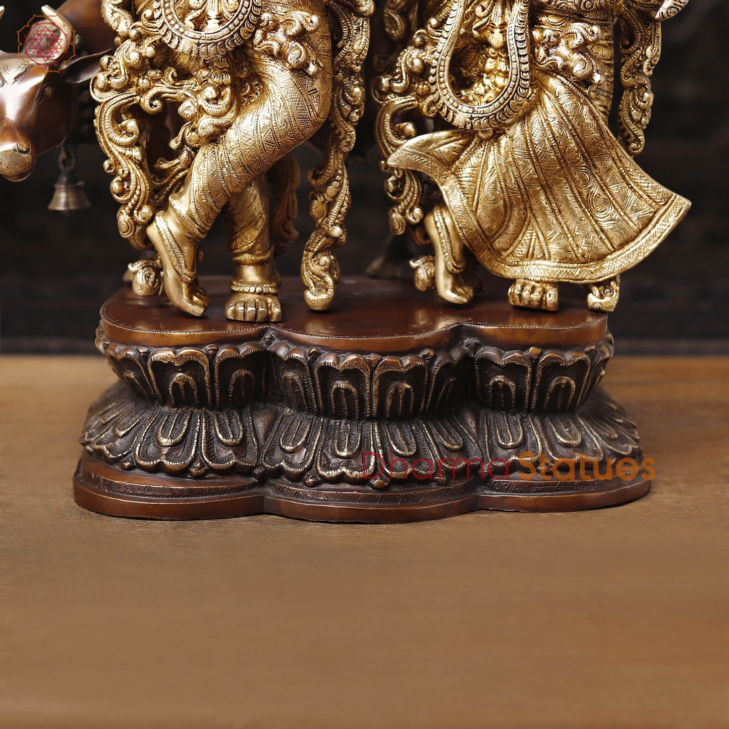 Brass Radha Krishna Idol with Cow, Playing Flute, Golden Finish with Copper Accents, 28"