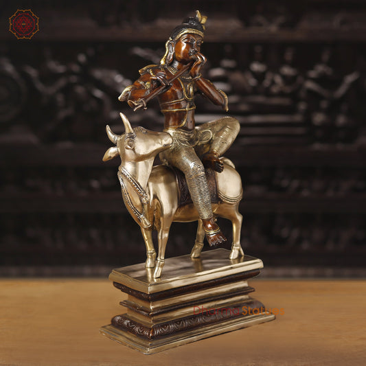 Brass Krishna Statue, Seated on a Cow, Golden & Copper Finish, 21"