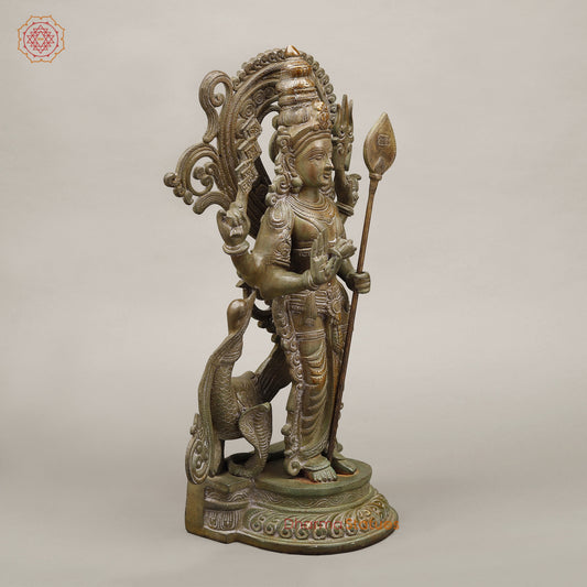 Brass Kartik Standing With Peacock, Antique Green Finish, 16.5"