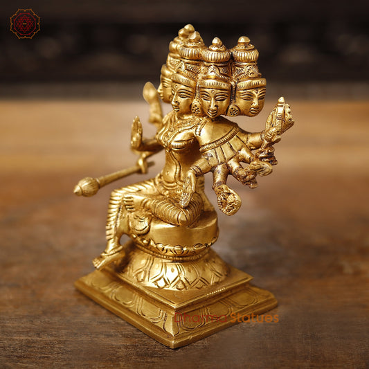 Brass Lakshmi Panchmukhi Statue, Sitting on a Lotus, Fine Golden Finish, 5.5"