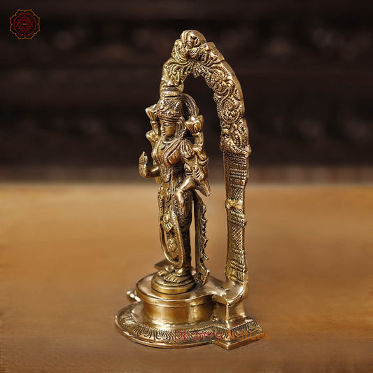Brass Lakshmi Idol, Standing on Mahayaksha Pedastal, Golden Fine Finish 9"