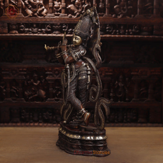Brass Krishna Playing Flute, Rich Copper Finish, 35"