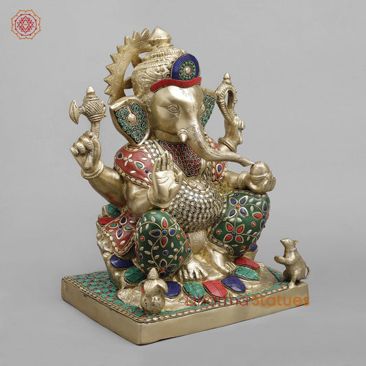 Brass Ganesh Seated fine, Stone work 14.5”