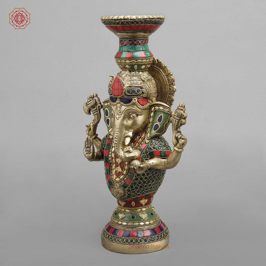 Brass Ganesh Candle Holder, Fine stone work 13”
