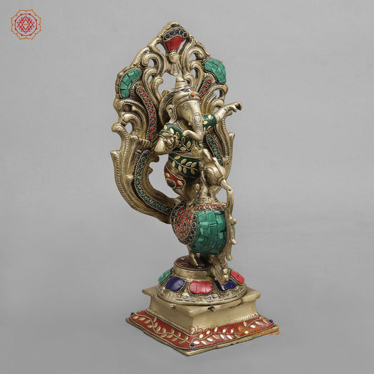 Brass Ganesh Seated On Peacock, Fine Stone work 14”