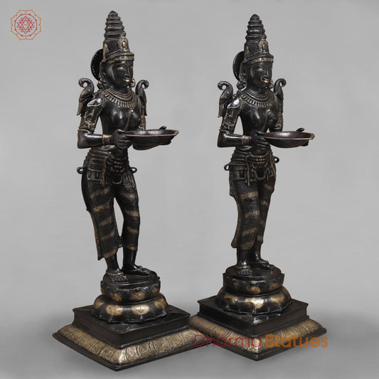 Brass Deepam Lakshmi Standing Large, Royal Black Finish 49”