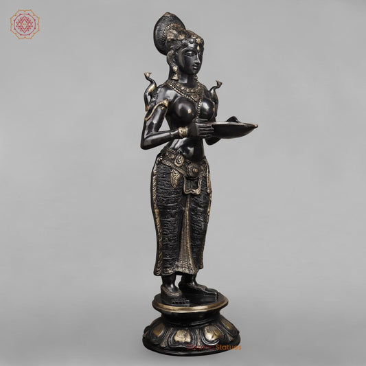 Brass Deepam Lakshmi Standing Large, Royal Black Finish 37”