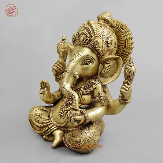 Brass Crown Ganesh seated, Golden Finish 8.5”