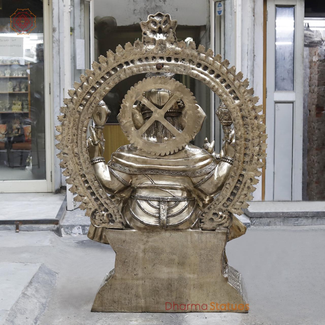 Brass Ganesh Seated With Yaali Arch, Fine Smooth Finish 62”