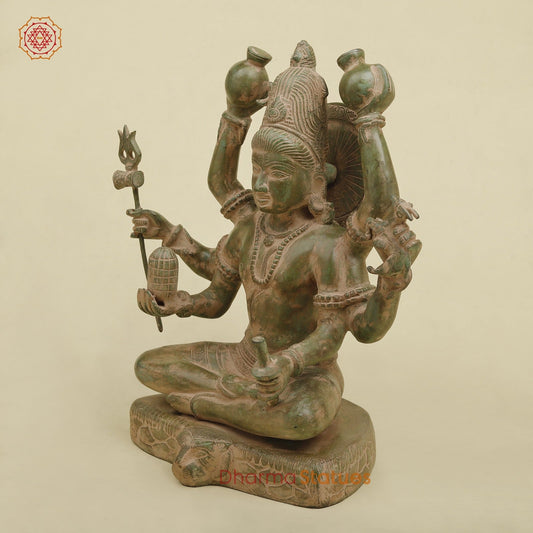 Brass Mahamritunjay Shiva Seated, Antique Green Finish 14”