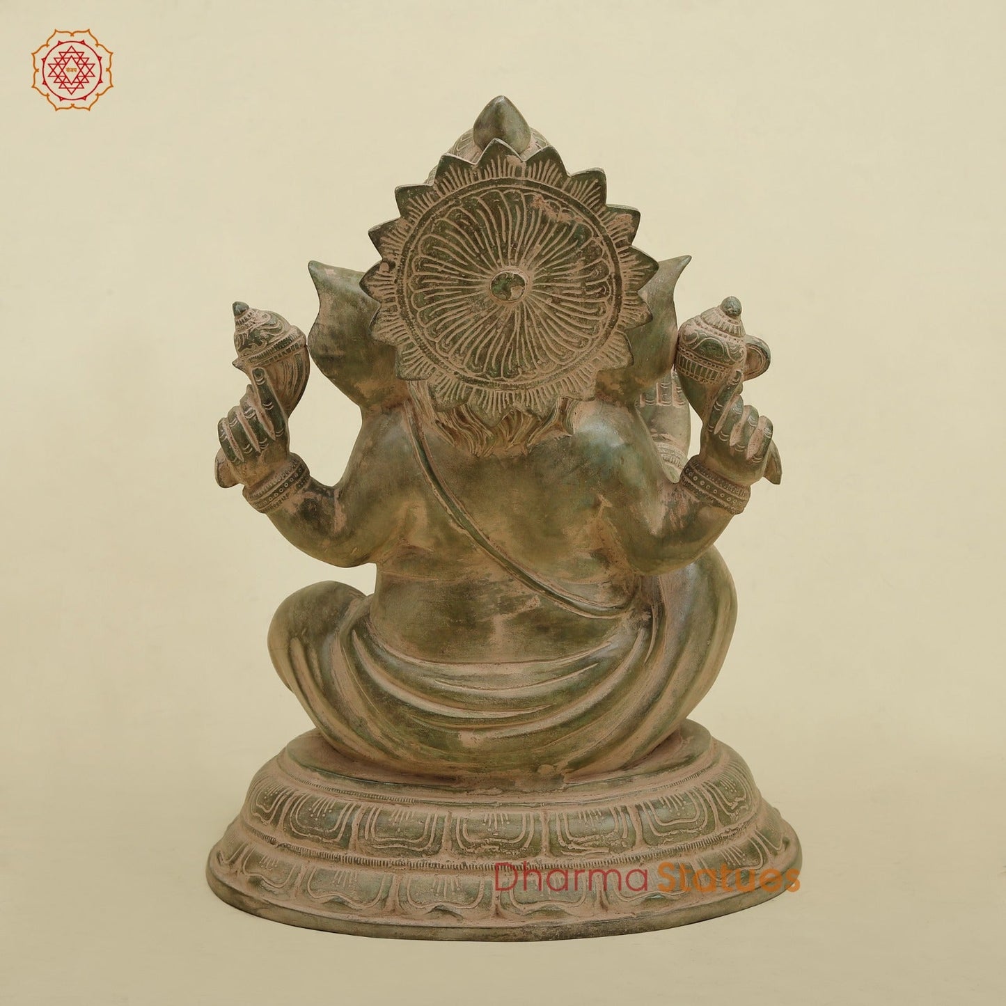 Brass Ganesh Seated Fine, Antique Green finish 15.5”