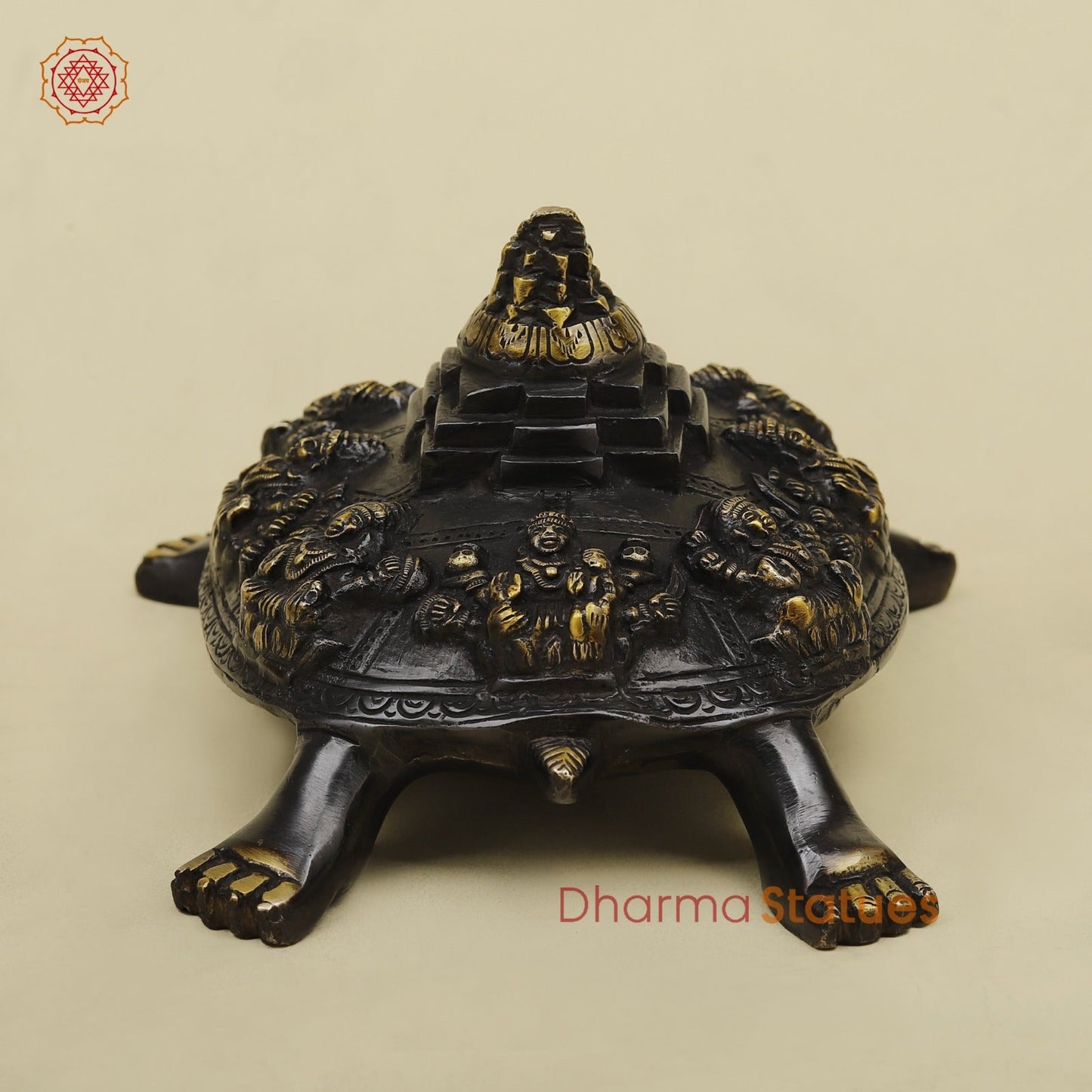 Brass Ashtlakshmi Tortoise with Meru on top, Black golden Finish 7”