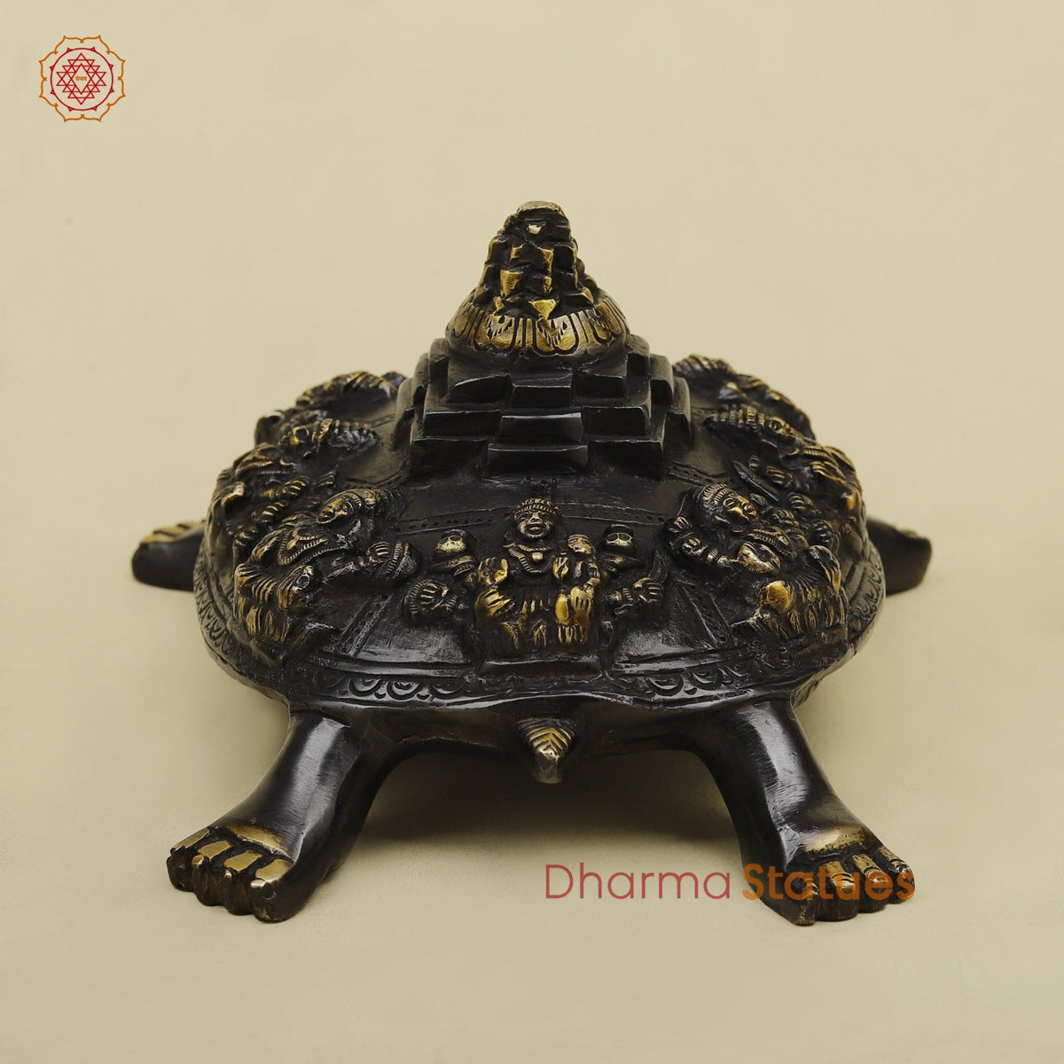 Brass Ashtlakshmi Tortoise with Meru on top, Black golden Finish 7”
