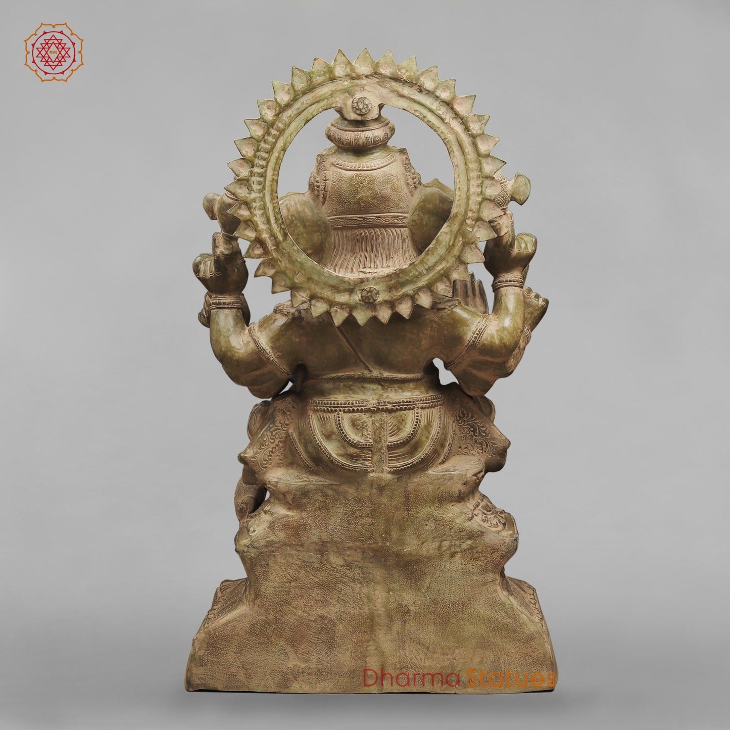 Brass Ganesh Seated on Pedestal, Green Patina Finish 45”