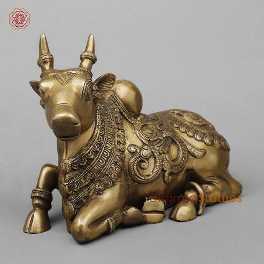 Brass Nandi seated With Carving Fine, Antique Finish 13”