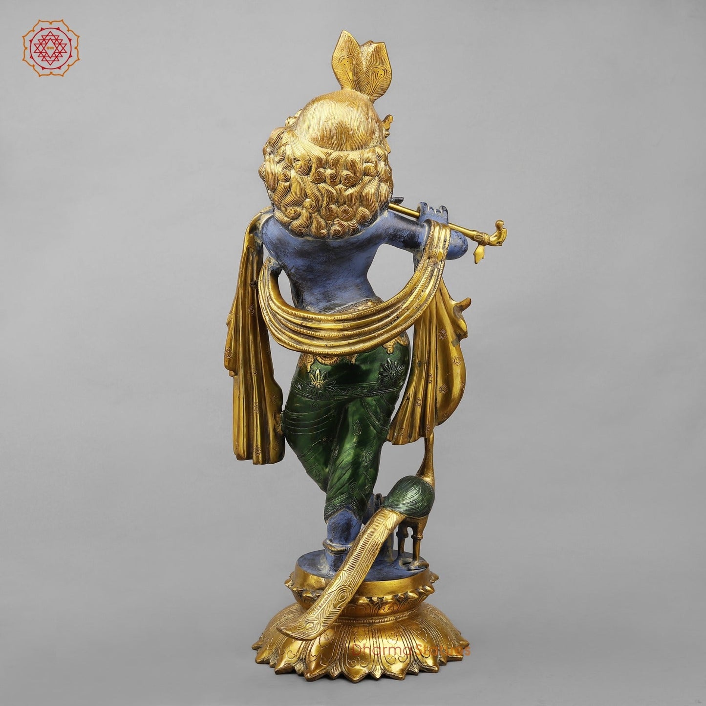 Brass Krishna With Peacock Fine, Antique Turquoise finish 27”