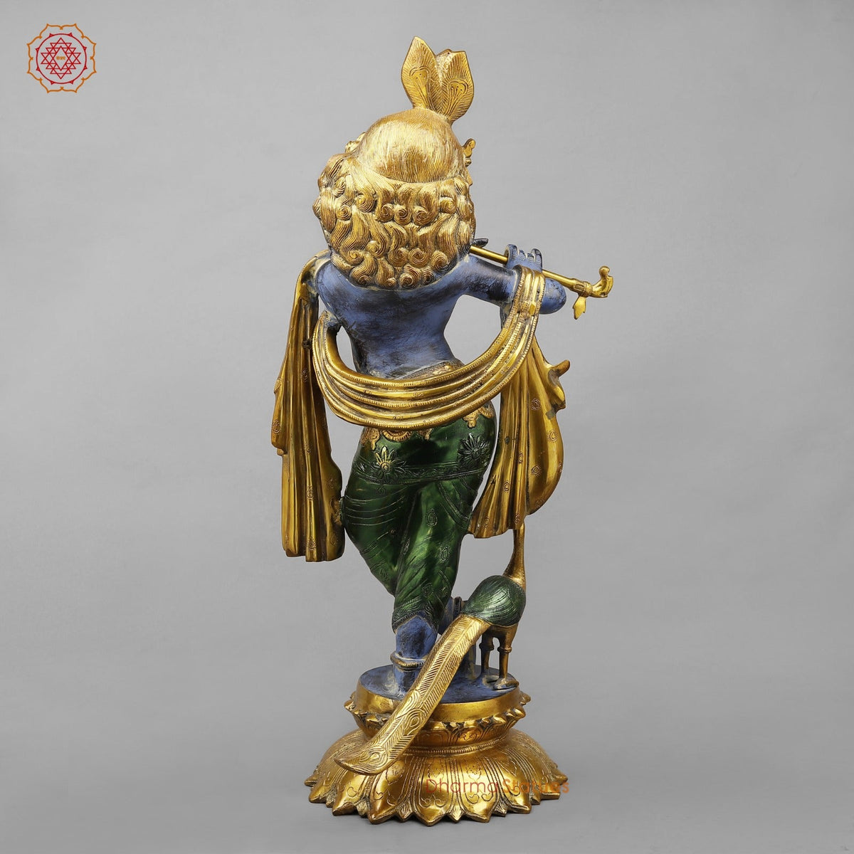 Brass Krishna With Peacock Fine, Antique Turquoise finish 27”