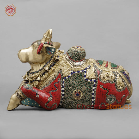 Brass Nandi Seated Fine with Bells , Exotic Red Stone work 22”