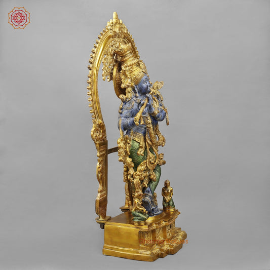Brass Krishna Standing With fine Prabhavali, Antique Turquoise finish 32”