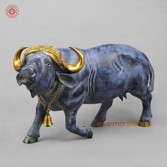 Brass Buffalo With Golden Horns, Antique Turquoise Finish 23”