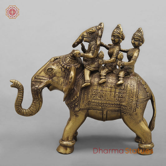 Brass Ganesh And Ridhi Sidhi on Elephant, Antique Finish 7.5”