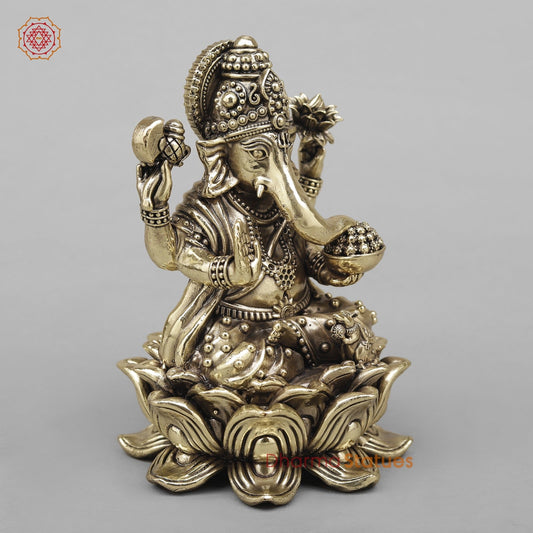 Brass Ganesh Seated On Lotus Fine 5”