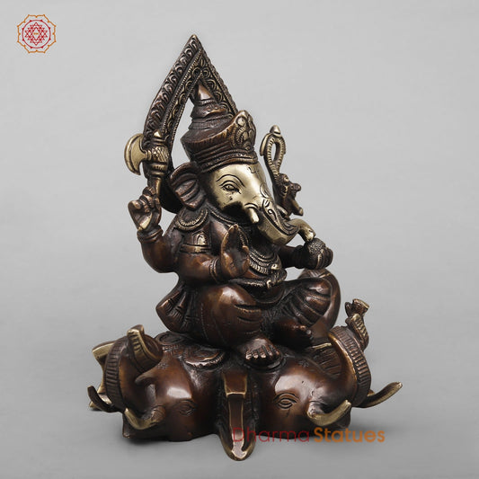 Brass Ganesh Seated on Elephants Fine, Antique Finish 9.5”