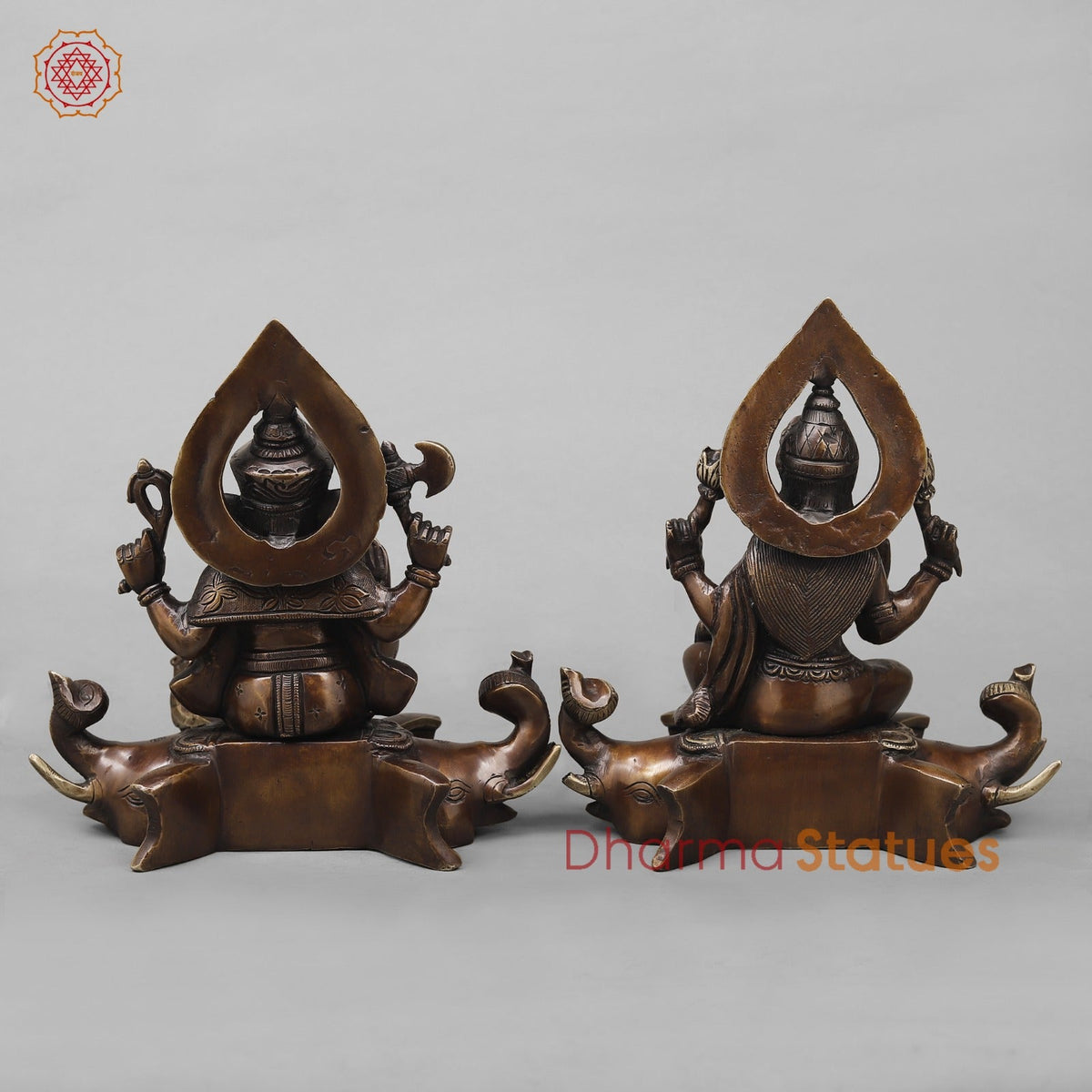 Brass Lakshmi Ganesh Seated on Elephants Fine, Antique Copper Finish 9.5”