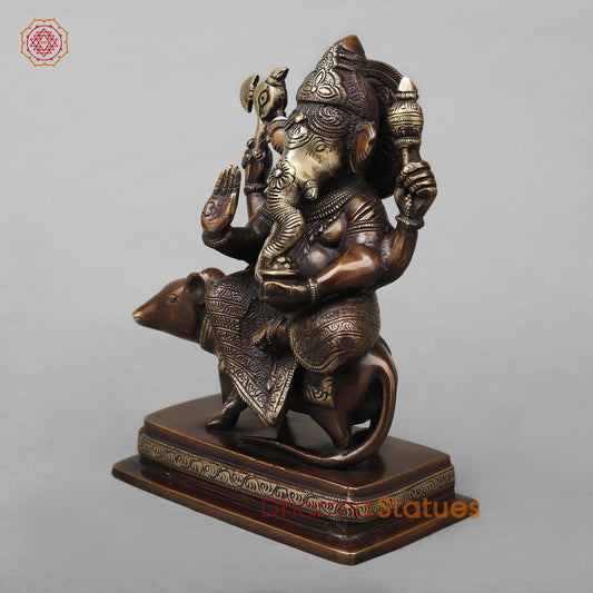 Brass Ganesh Seated on Rat Fine, Antique Copper Finish 9.5”
