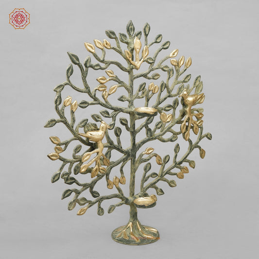 Brass Tree With Tea Lite Holder Fine, Green Gold Finish 17”