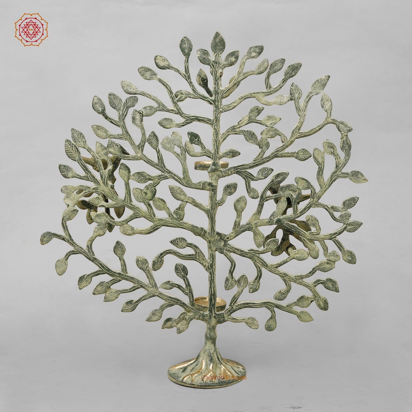 Brass Tree With Tea Lite Holder Fine, Green Gold Finish 17”