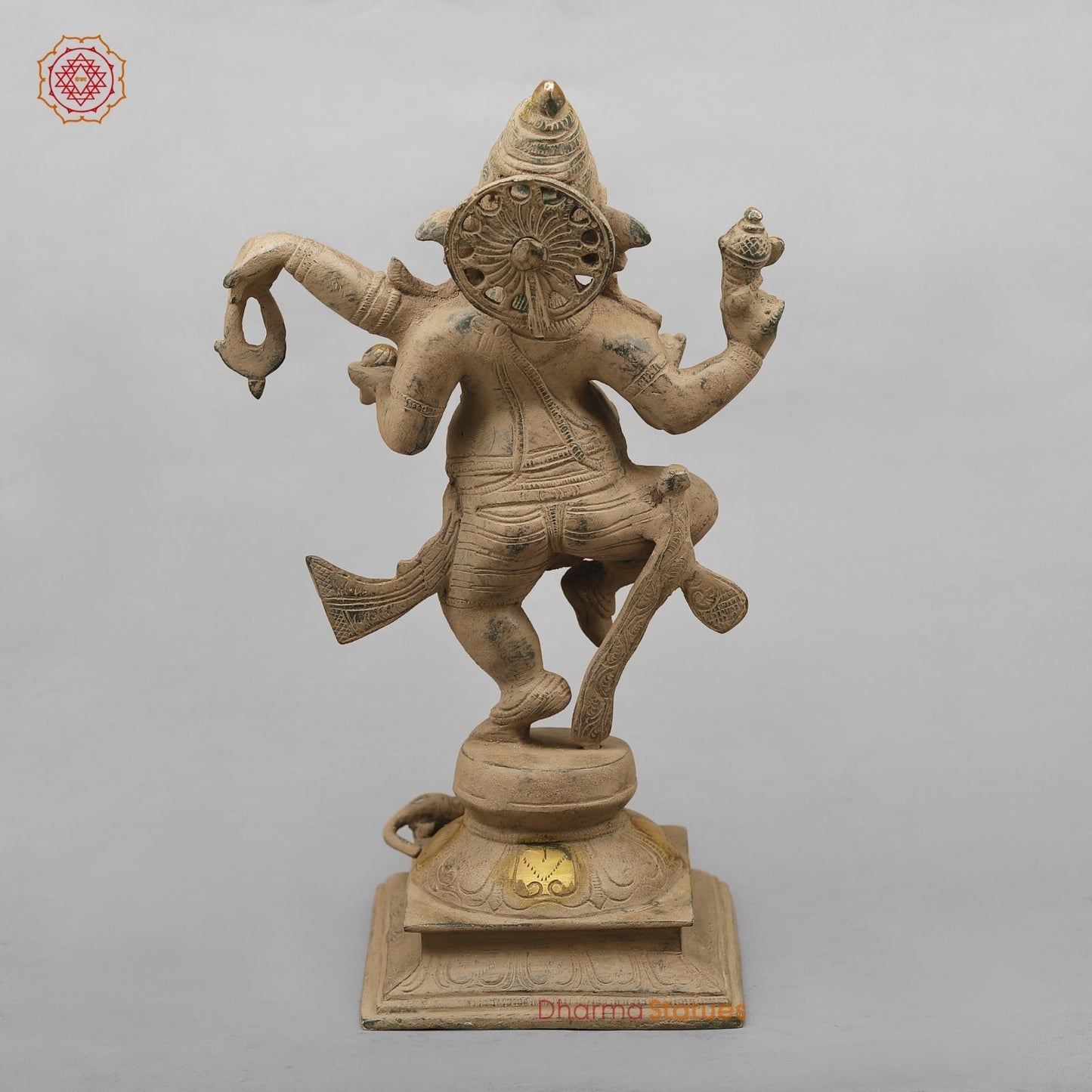 Brass Ganesh Dancing with Rat, Antique finish 13”