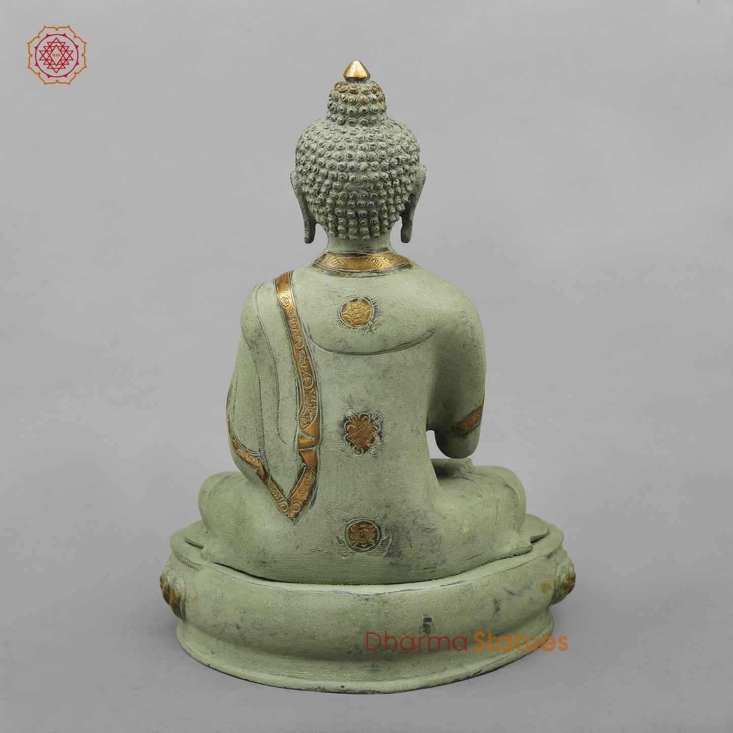 Brass Buddha Seated with Ashtmangal Signs, Green Patina Finish 16”