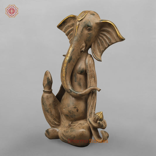 Brass Modern Ganesh seared With Long Ears, Green Patina Sand Finish 15”