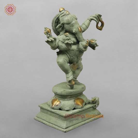 Brass Dancing Ganesh, Green Patina Antique Finish 12.5”