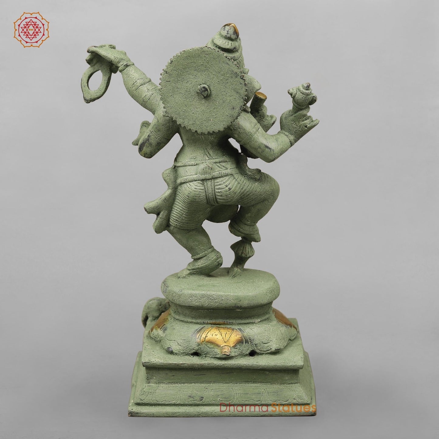 Brass Dancing Ganesh, Green Patina Antique Finish 12.5”