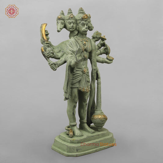 Brass Panchmukhi Hanuman Standing, Green Patina Antique Finish 13.5”