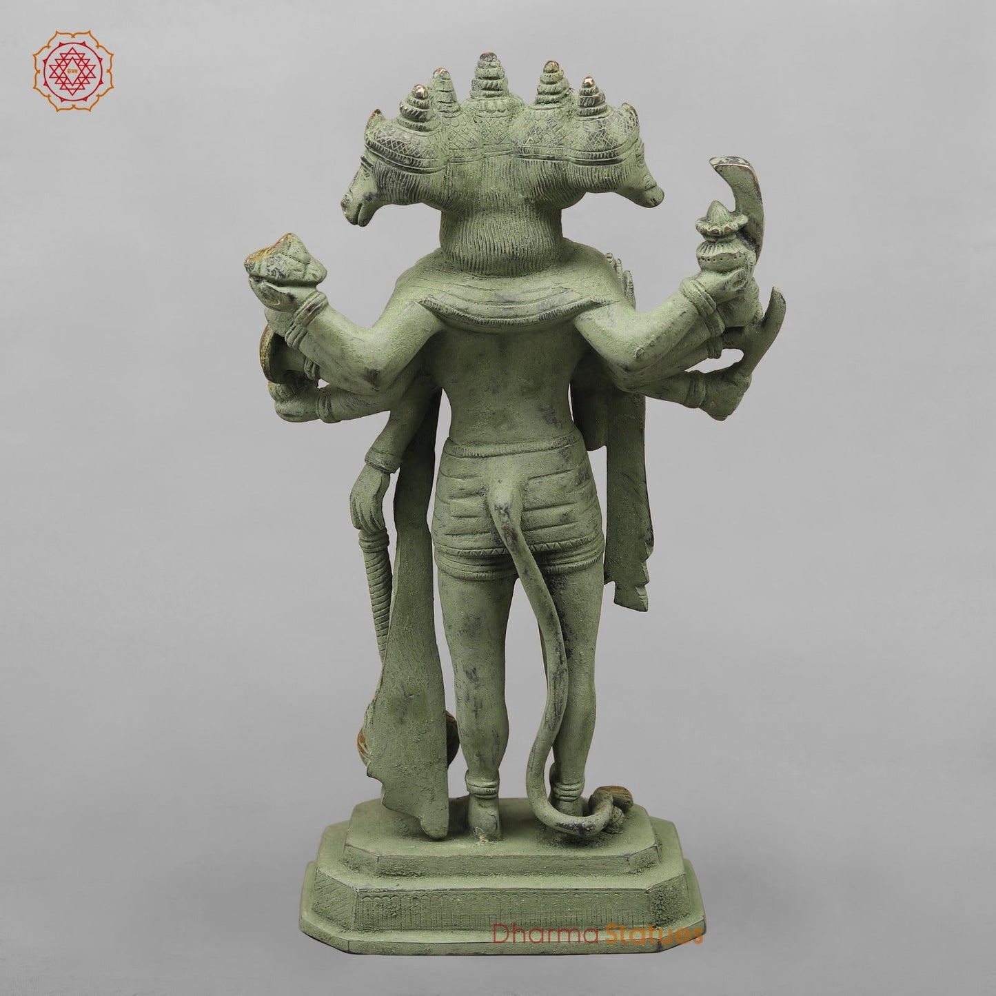 Brass Panchmukhi Hanuman Standing, Green Patina Antique Finish 13.5”