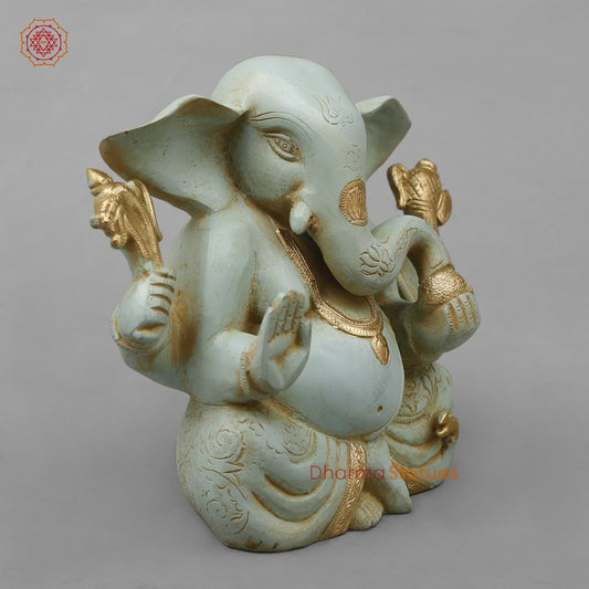 Brass Ganesh Seated With Long Ears, Light Turquoise finish 7.5”