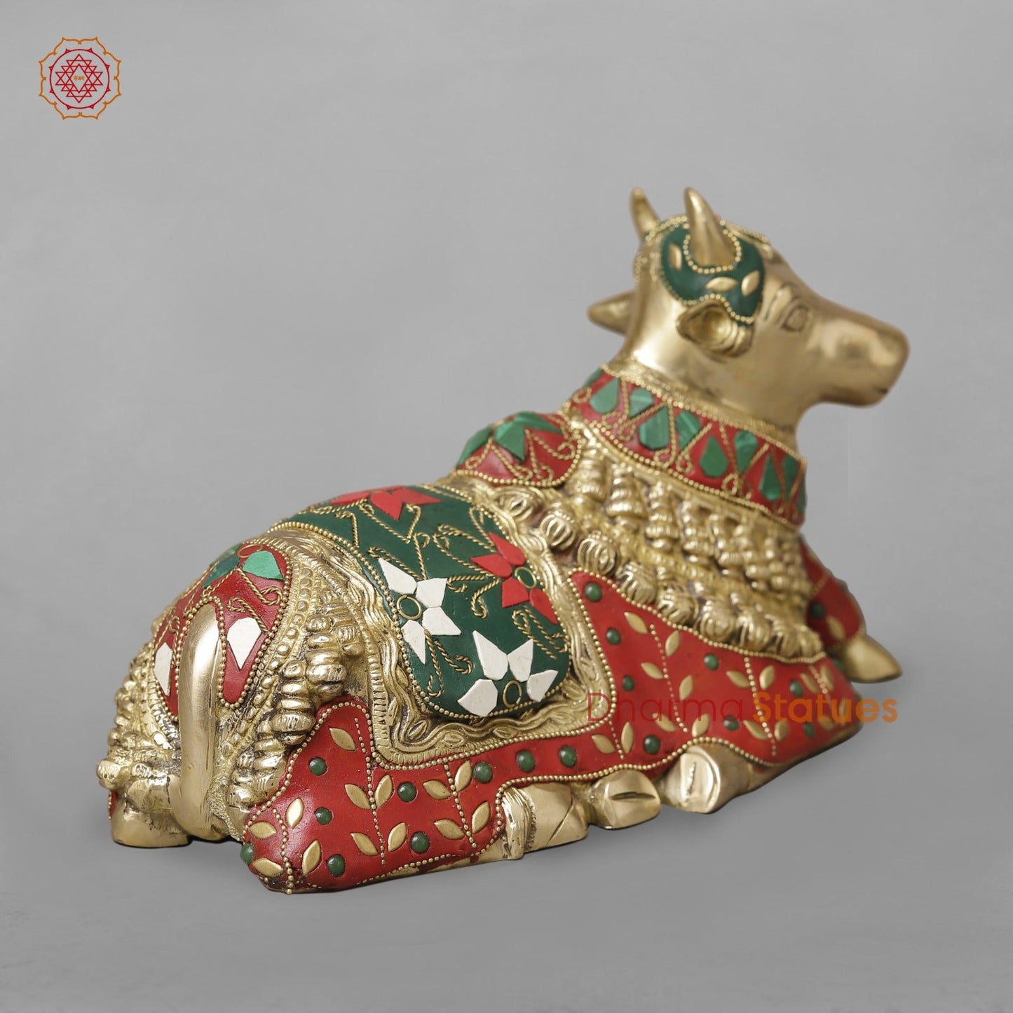Brass Nandi Seated,Floral Stone Work 10”