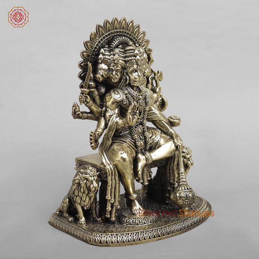 Brass Panchmukhi Hanuman Seated On throne with Lions Fine 8”