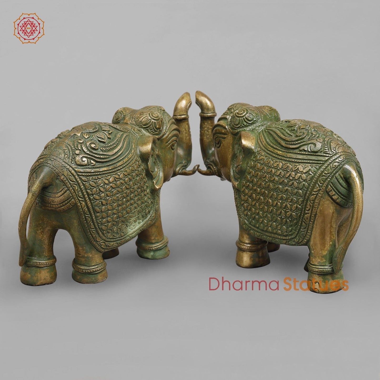Brass Elephants Flower Carving, Patina Finish 9” (Pair)