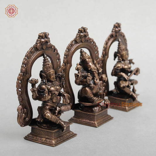 Copper Ganesh Lakshmi Saraswati with Arch Seated fine 5.5"