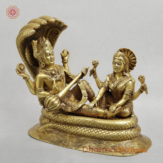 Brass Vishnu Lakshmi Resting in Snake Fine, Golden Finish 13”