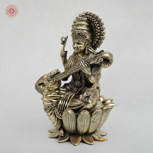 Brass Saraswati Seated on Lotus Fine 7.5”