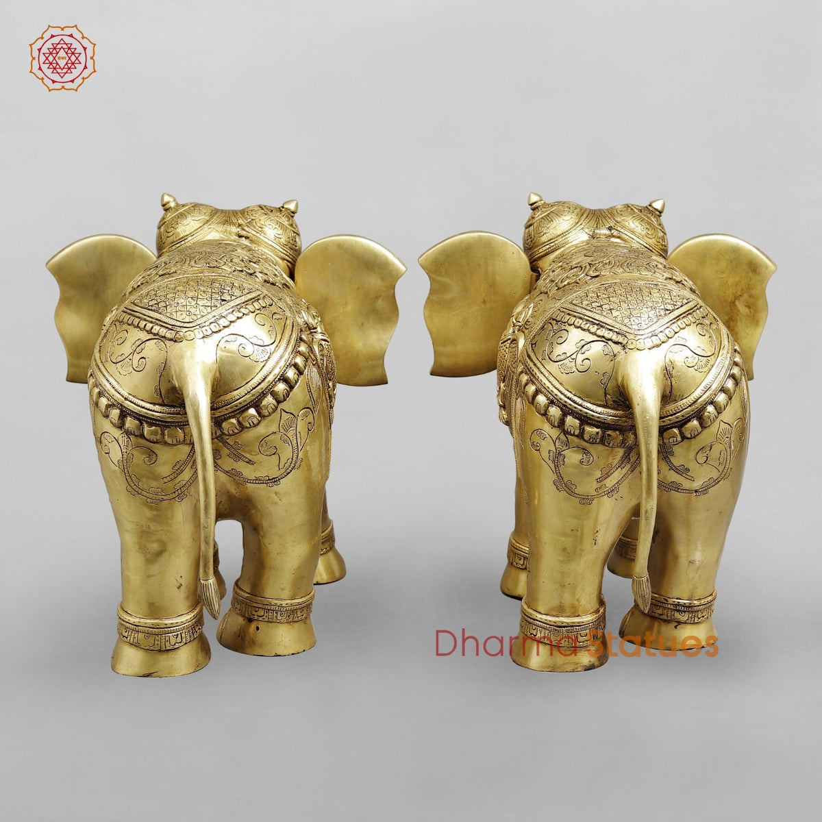Brass Elephants Holding Lotus (Airavat) With Peacock Carving Fine, Special Gold Finish 25” (Set of 2)