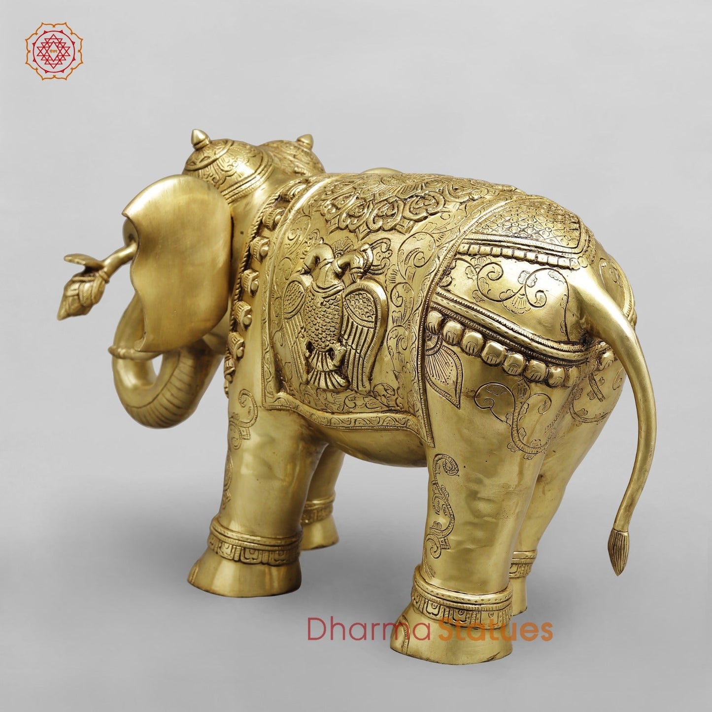 Brass Elephant Holding Lotus In trunk with Peacock Carving Fine, Special Gold Finish 25”
