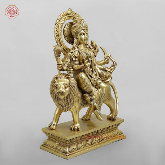 Brass Durga Seated on lion Fine, Special Gold Finish 17”