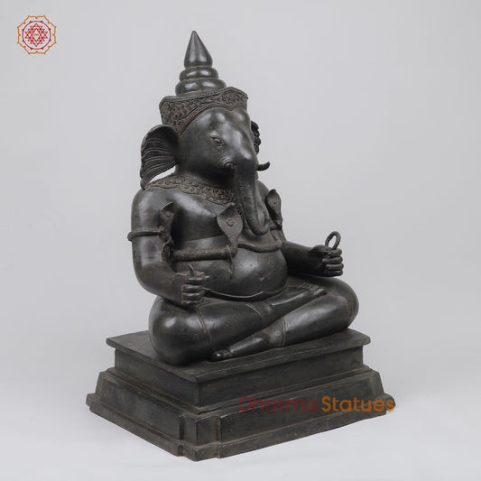 Bronze Ganesh Seated With Natural Agate Mala Fine, Natutral Patina 26” (One Of a Kind) Origin -Nakhon Pathom, Thailand